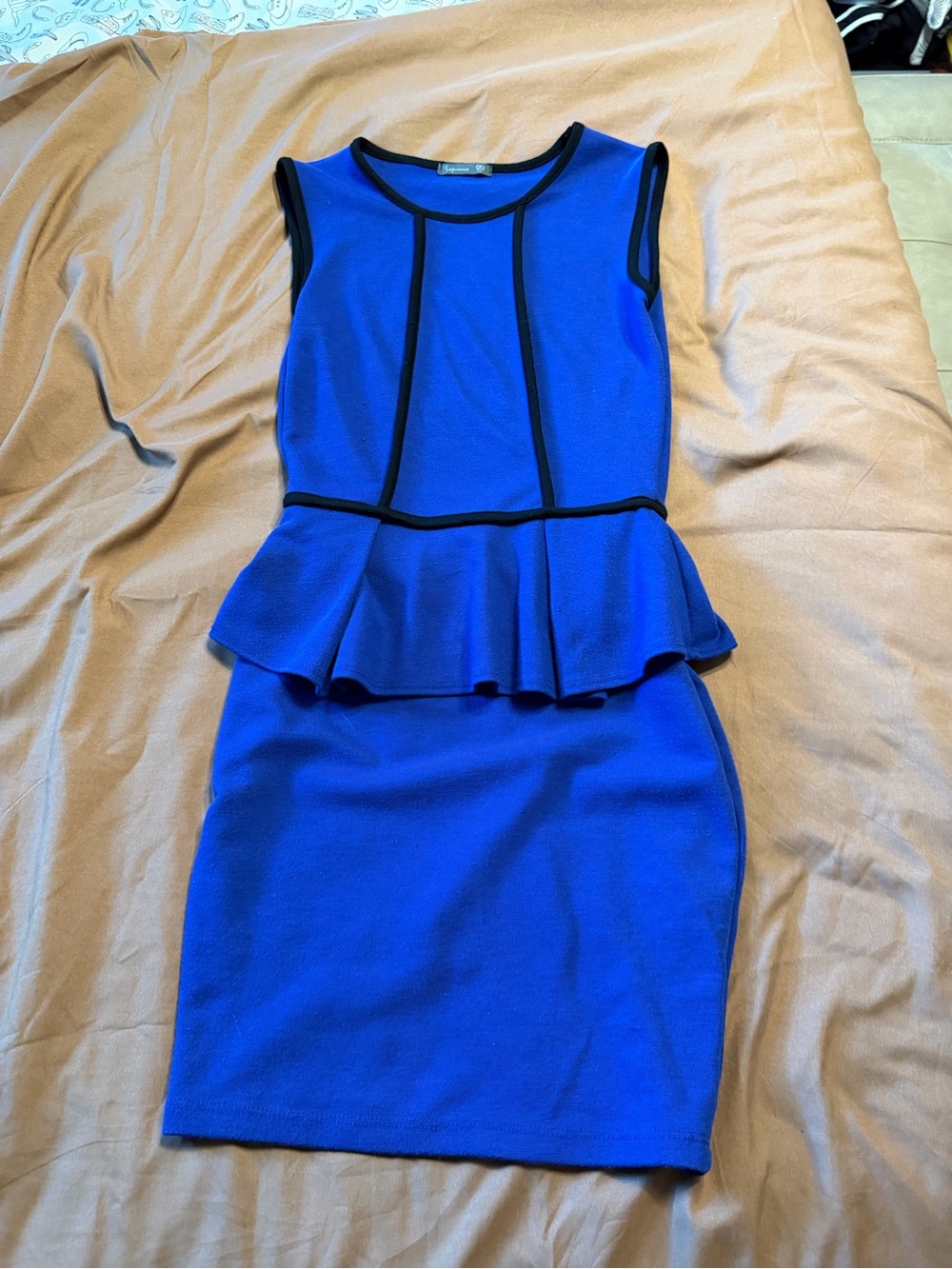 Soprano Royal Blue Peplum Dress with Black Trim